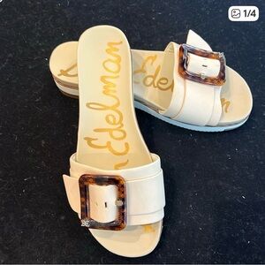 Sam Edelman Women's White Slide Sandals with Tortoise Buckle